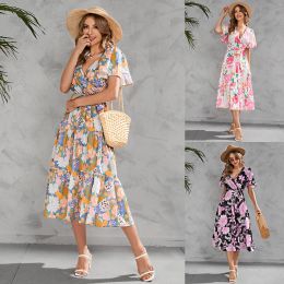 Dresses Pregnant Women's Summer Printed Vneck Waistband Midlength Shortsleeved Dress Nursing Dresses Breastfeeding Maternity Dresses