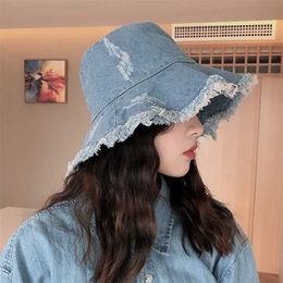 MAXSITI U Vintage Denim Bucket Hat Women Washed cotton fisherman hat tassel Big Brim fashion leisure basin hat 211227221a