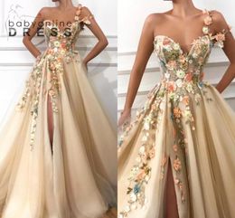 Sexy Split Flowers One Shoulder A Line Tulle Prom Dresses Backless Evening Gowns Bc0684