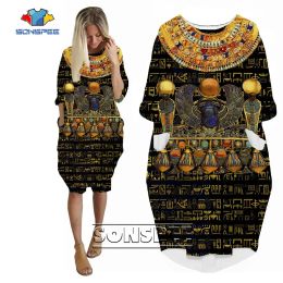 Dress SONSPEE New Retro Style 3D Printed Graphic Dress Egyptian Script Harajuku Long Sleeve Women Casual Robe Street Personality