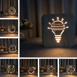 Party Supplies Night Lights LED Night Light Solid Wood Carving Wooden Art Cut-out Table Lamp for Bedroom Bedside Decorative Lamp LT814