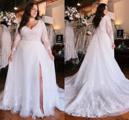 Summer Bohemian Garden Beach Plus Size Wedding Dresses A Line Sheer Long Sleeves V Neck Appliques Bridal Gowns With Split Bc18312