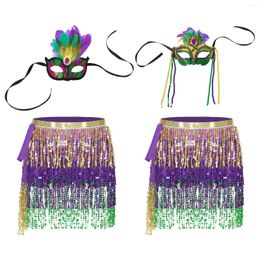 Stage Wear Women Glittery Sequins Belly Dance Performance Costume Outfits Shiny Wrap Skirt Lace-up Tassel Miniskirt With Feathers Mask