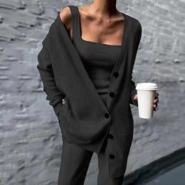 Capris 2021 Women Three Pices Set Autumn Winter Knitted Solid Cardigan Tops Tank Top and Casual Loose Long Pants Female Suit Tracksuit