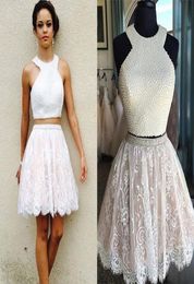 Two Piece Pearls Lace Homecoming Dresses White Nude Short Homecoming Dresses Lovely Lace Short Prom Dresses Twopiece Party Gowns6131854
