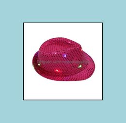 Party Hats Festive Supplies Home Garden Mens Flashing Light Up Led Fedora Trilby Sequin Fancy Dress Dance Hat For Stage Wear Dro1260388