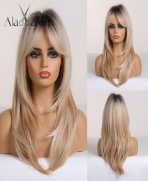 Long Straight Wigs Ombre Black Blonde Ash Wigs with Bangs Heat Resistant Synthetic for Women1007501