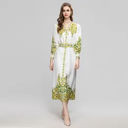 Casual Dresses Spring /Summer Colorful Diamond V-neck Encrypted Cotton And Linen Refreshing Printed Single Breasted Long Dress 240227XP031