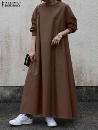 Dress ZANZEA Autumn Vintage Baggy Maxi Dress Woman Elegant Work Robe Long Sleeve ONeck Sundress Casual Solid Vestidos Oversized 2024