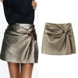 Shorts HXAO Metal Shorts for Women Pleated High Waist Skirt Shorts Fashion Summer Shorts Gold Hot Pants Baggy Shorts Streetwear