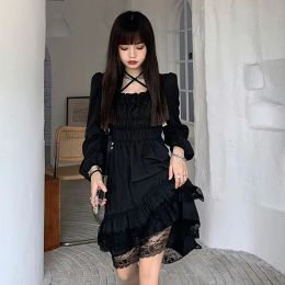 Dress Zoki Gothic Black Stitching Dress Y2K Summer Ruffles Irregular Dress Lace Chic A Line Dress Korean Puff Sleeves Sexy Slim Dress