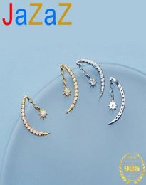 Korean 100 925 Sterling Silver Star Moon Stud Earrings For Women Gold Inlaid Crystal Zirconia Crescent4701613