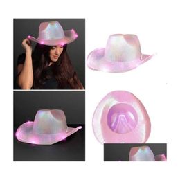 Party Hats Led White Light Up Space Cowboy Hats Neon Cowgirl Hat Holographic Rave Fluorescent With Adjustable Windproof Cord For Hallo Dhw6N