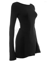 Casual Dresses Women Sexy Bodycon Dress Long Sleeve Slim Mini Boat Neck Backless Tie Up Back Cocktail Streetwear