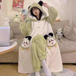 Women's Sleepwear 2PCS Women Night-robe Pajamas Winter Thicken Hooded Plush Soft Warm Long Nightgown With Pants