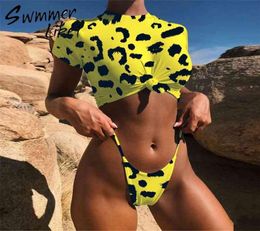 Knot crop top bikini Leopard swimwear women bathers Yellow push up swimsuit female Tshirt thong bikini sexy bathing suit T2007136273865