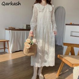 Dress Long Sleeve Dress Women Lace Design Allmatch Solid Simple Peter Pan Collar Girls Lovely Holiday Leisure Daily Ulzzang Trendy