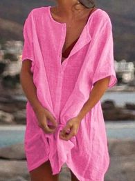 Women Cotton Linen Long Blouse Summer Short Sleeve Solid Button Blouse Casual Shirt Vintage Oversized S-8XL FYY1071 240229
