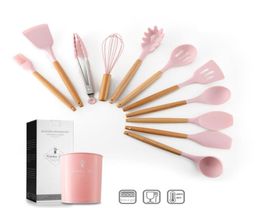 12PCS Pink Colour Silicone Cooking Utensils Set Nonstick Spatula Shovel Wooden Handle Cooking Tools Set With Storage Box Kitchen T1072803