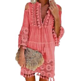 Dress Sexy Women's Shift Dress Long Sleeve Tassel Fringe Lace Robe Strapless Deep VNeck Female Summer Casual Boho Vacation Dresse Hot