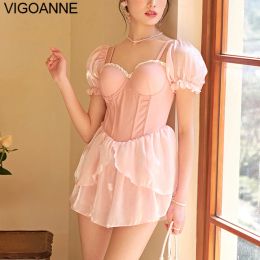 Swimwear VigoAnne Pink Push UP Dress Swimwear Women 2023 Short Sleeve Mesh One Piece Swimsuit Korean Slim Monokini Summer Bathing Suit