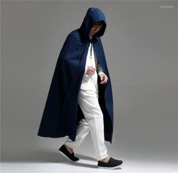 Men039s Trench Coats Mens Chinese Style Dark Blue Hooded Cloak Men Cotton Linen Coat Male High Quality Cape Loose Extra Long Po5519763