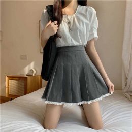 skirt Skirt French Retro Lace Grey Pleated Skirt Simple Versatile Skirt Women High Waist Slim Aline Fashion Basic Skirts