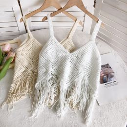 Camis OUMEA Women Cotton Crochet Fringed Strappy Tops Vintage V Neck Openwork Bohemian Summer Retro Tops Sleeveless Beach Chic Tops