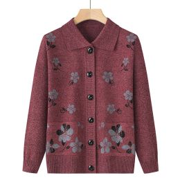 Cardigans Grandma's Spring Autumn Cardigan Lapel Sweater Winter Womens Clothing Vintage Knitting Middle Aged Mother Knitwears Coat 4XL