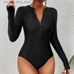 Women's Swimwear New black long sleeved swimsuit sports integrated enclosed surfing womens bathroom beach suit swimming pool Q240306