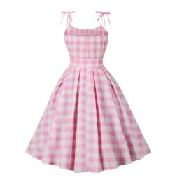 Dress Pink Plaid Hepburn Style 50s 60s Vintage Dress ALine Backless Halter Pin Up Rockabilly Dress Women Summer Retro Party Vestidos