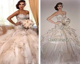 Luxury Bridal Gowns Gorgeous Cathedral Mermaid Wedding Dresses Lace Beads Elegant vestido de noiva Trumpet Wedding Dress Tiered Ru8062849