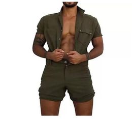 Cotton Jumpsuit Mens Overalls Casual Lapel Sleeve Rompers Solid Colour Overall Single Breasted Romper Short Pants7601629