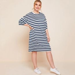 Dresses Plus Size Loose Summer Elegant Tunic Dress Women Drop Shoulder Half Sleeve Oversize Casual Tshirt Dress Midi Striped Tee Dress