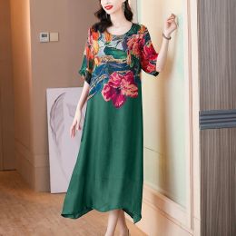 Dress Women Korean Vintage Print Silk Midi Dress 2023 Fashion Elegant Loose Waist Porm Dress Spring Summer Chic Casual Party Vestidos