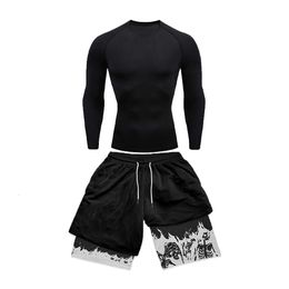 Men's Compression Tight Long Sleeve Anime Double Layer Shorts Sports Suit Casual Fashion Summer