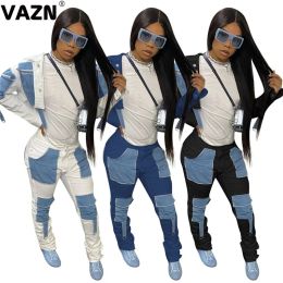 Suits VAZN 2021 Hot Jean Blue Patchwork Baggy Fashion Elegant Sexy High Street Set Holiday Women Young Energetic Set