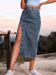 Skirts 2023 Women's Button Aline Side Split High Waist Denim Skirt Office Lady Black Blue Midi Jean Skirts Autumn Winter Long Skirt