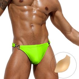 Swimwear Two Side Metal Lock Swimwear Sexy Low Waist Mens Quick Release Bikini Swim Briefs Male Sport Pouch Pad Push Up Bathing Swimsuit