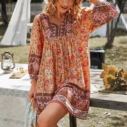 Casual Dresses European And American Style For Women 2024 Elegant Plus Size Vintage Loose Print Resort Bohemian Dress Clothing Female