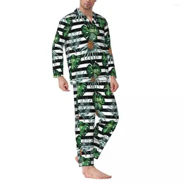 Men's Sleepwear Watercolour Tropical Pyjama Sets Pineapple And Stripes Couple Long Sleeves Aesthetic Room 2 Piece Nightwear Plus Size