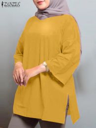 Tops Autumn O Neck 3/4 Sleeve Casual Loose Blouse ZANZEA Elegant Solid Shirt Oversize Fashion Women Tops Dubai Turkey Abaya Blusas