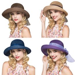 Women Summer Handmade Weave Straw Beach Hat Wide Ribbon Bowknot Cuffed Wide Brim Sun Protection Breathable Outdoor Visor Cap261M