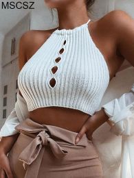 Camis Cut Out Halter Neck Crop Top Women Fashion Casual Ribbed Knit Top Summer Backless Sexy Cami Top Clubwear White Green Black