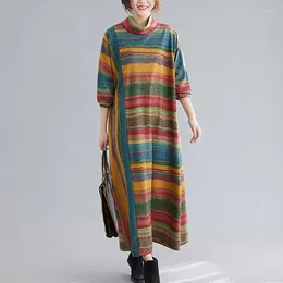 Casual Dresses 2024 Arrival Print Colourful Stripes Turtleneck Loose Vintage Autumn Winter Dress Fashion Women Spring Long