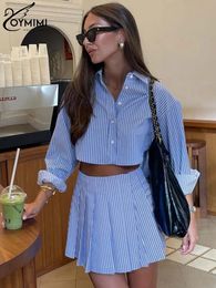 Oymimi Elegant Blue Striped Print Sets For Women 2 Pieces Fashion Long Sleeve Button Crop Tops And High Waist Pleated Skirts Set 240306