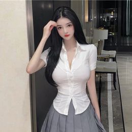 Shirt MEXZT Short Sleeve Shirt Women Sexy Slim White Button Blouse Office Lady Korea Fashion Summer Chic Turn Down Collar Shirts Top