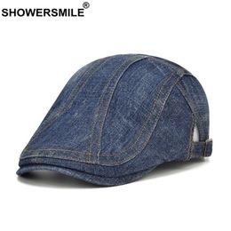 SHOWERSMILE Denim Flat Cap for Men Women Beret Hat Casual Irish Cap Blue British Retro Male Female Adjustable Ivy Cabbie Cap LJ2012154