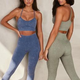 Active Sets LO Sand Washed Imitation Denim Seamless Knitted Yoga Suit Bra Set For Women