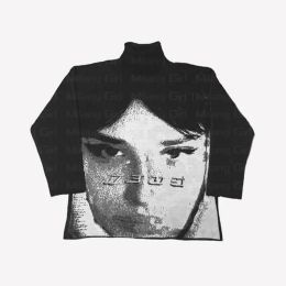 Pullovers Hip Hop Streetwear Knitted Sweater men turtleneck Women portrait Print Pullover Harajuku Gothic Oversized Sweater Cotton sweater